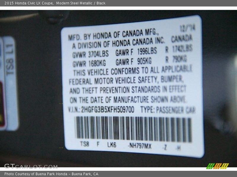Modern Steel Metallic / Black 2015 Honda Civic LX Coupe