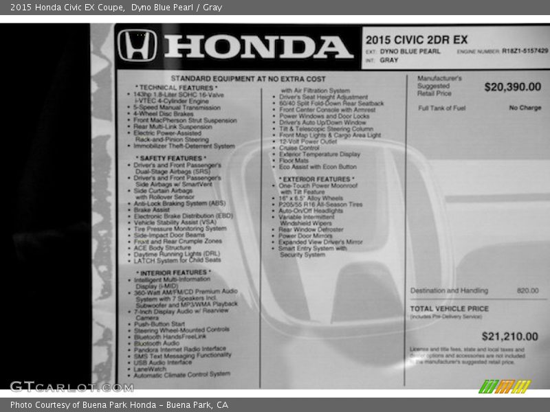  2015 Civic EX Coupe Window Sticker