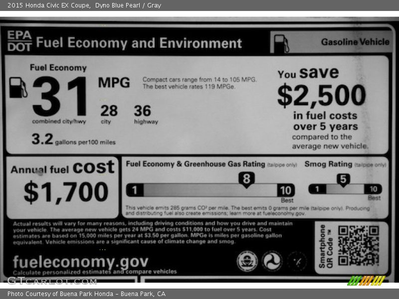 Dyno Blue Pearl / Gray 2015 Honda Civic EX Coupe