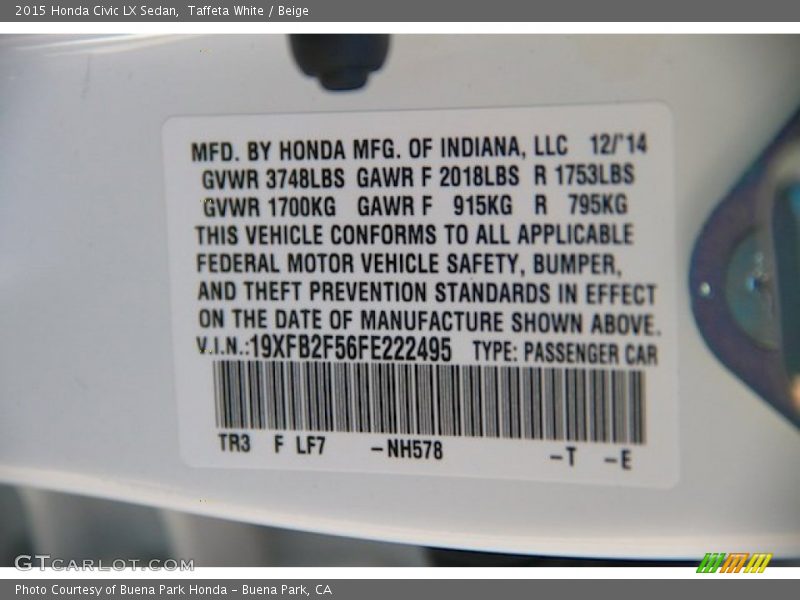 Taffeta White / Beige 2015 Honda Civic LX Sedan