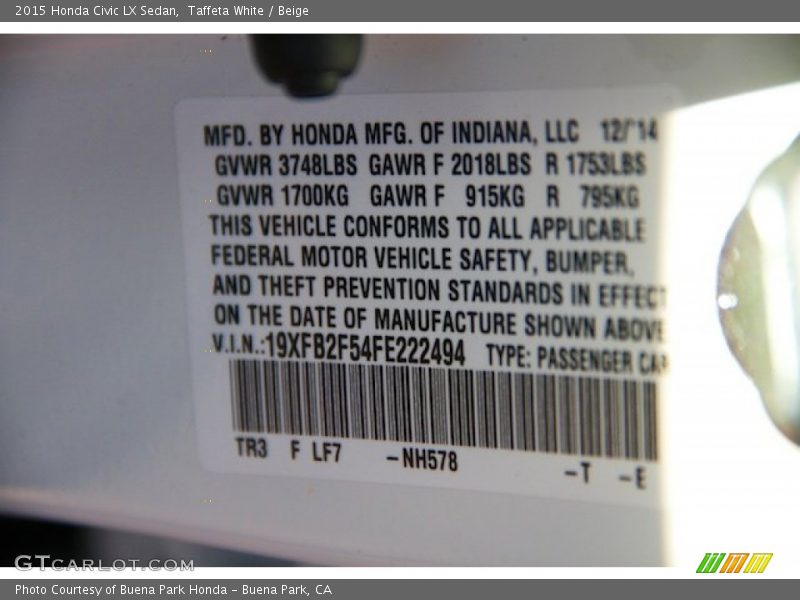 Taffeta White / Beige 2015 Honda Civic LX Sedan