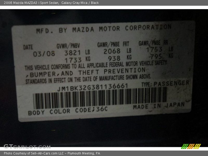 2008 MAZDA3 i Sport Sedan Galaxy Gray Mica Color Code 36C