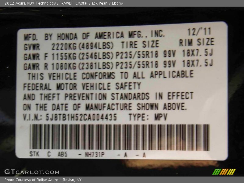 Crystal Black Pearl / Ebony 2012 Acura RDX Technology SH-AWD