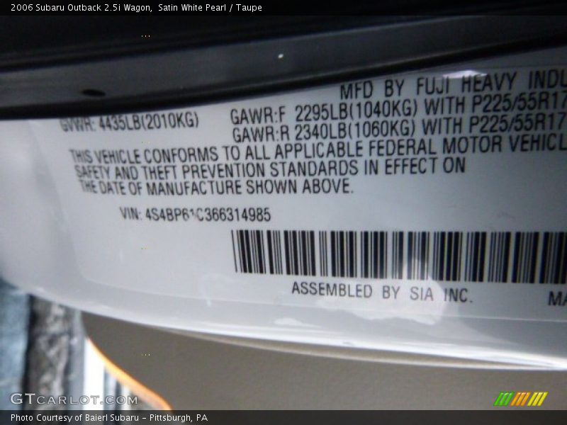 Satin White Pearl / Taupe 2006 Subaru Outback 2.5i Wagon