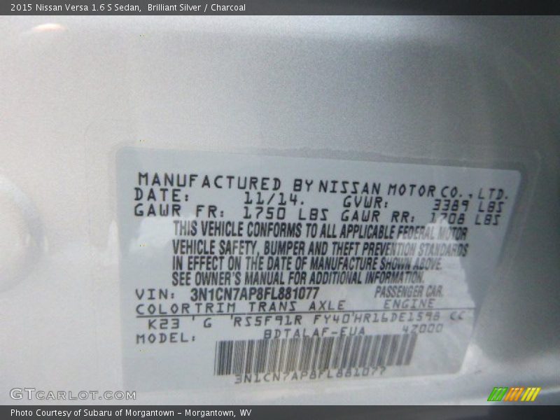 Brilliant Silver / Charcoal 2015 Nissan Versa 1.6 S Sedan