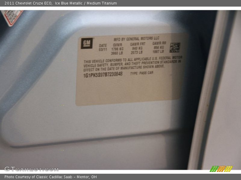 Ice Blue Metallic / Medium Titanium 2011 Chevrolet Cruze ECO