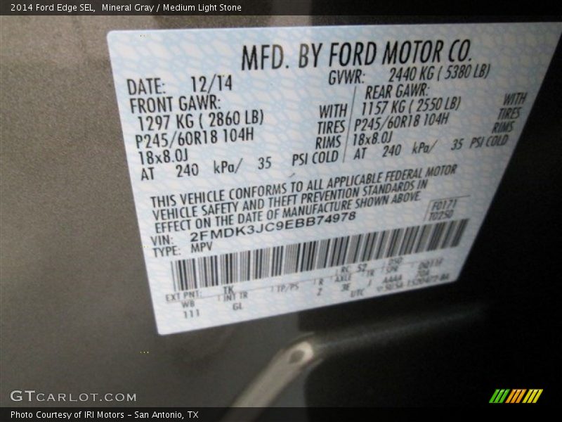 Mineral Gray / Medium Light Stone 2014 Ford Edge SEL