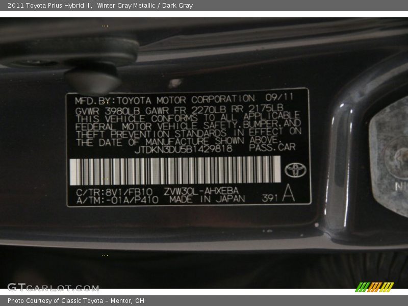 Winter Gray Metallic / Dark Gray 2011 Toyota Prius Hybrid III