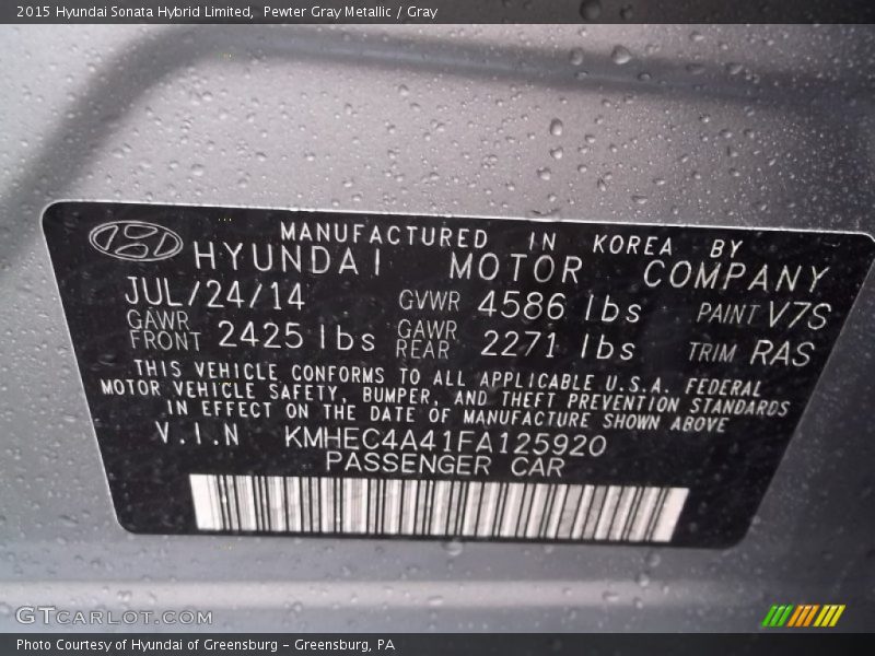 Pewter Gray Metallic / Gray 2015 Hyundai Sonata Hybrid Limited