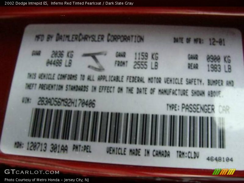 Inferno Red Tinted Pearlcoat / Dark Slate Gray 2002 Dodge Intrepid ES