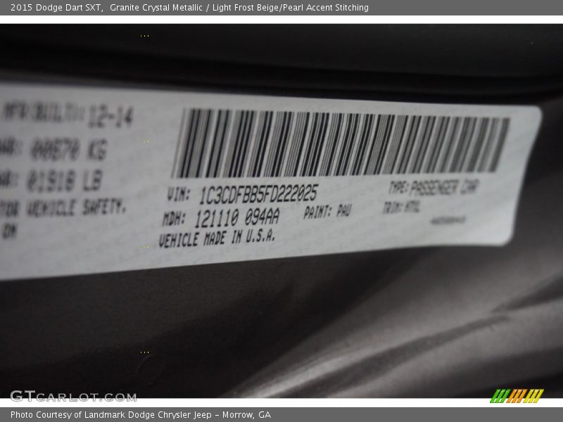 Granite Crystal Metallic / Light Frost Beige/Pearl Accent Stitching 2015 Dodge Dart SXT
