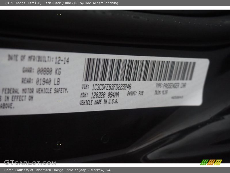 Pitch Black / Black/Ruby Red Accent Stitching 2015 Dodge Dart GT