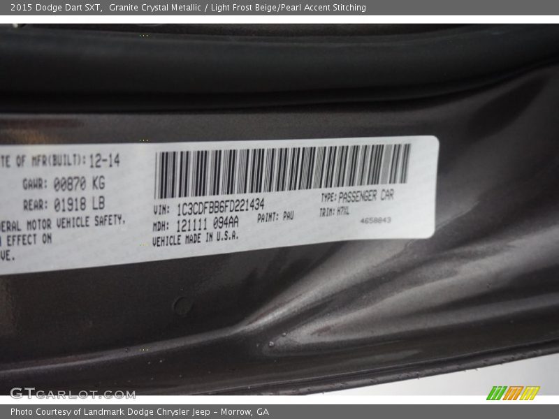 Granite Crystal Metallic / Light Frost Beige/Pearl Accent Stitching 2015 Dodge Dart SXT