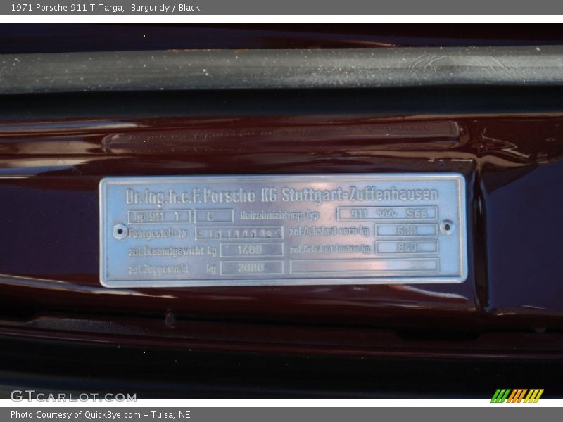 Info Tag of 1971 911 T Targa