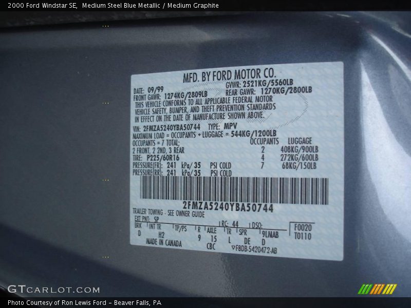 Medium Steel Blue Metallic / Medium Graphite 2000 Ford Windstar SE