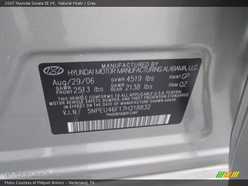 Natural Khaki / Gray 2007 Hyundai Sonata SE V6