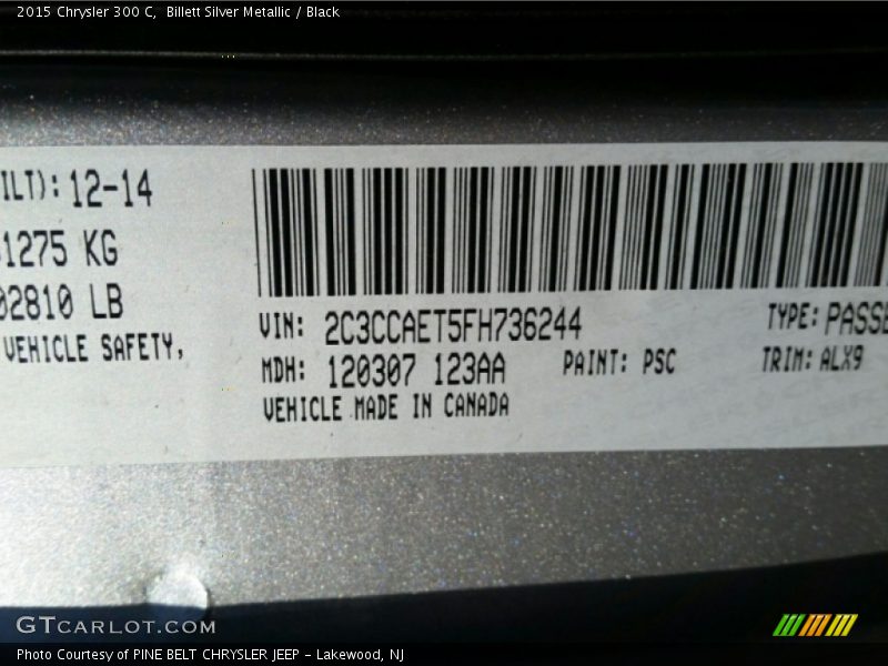 2015 300 C Billett Silver Metallic Color Code PSC