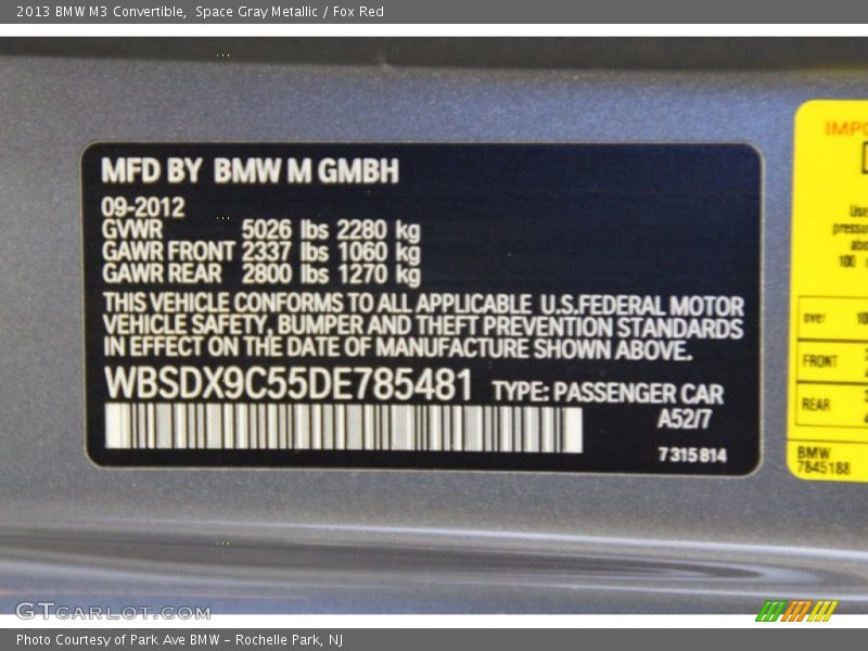 2013 M3 Convertible Space Gray Metallic Color Code A52