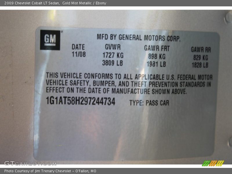 Gold Mist Metallic / Ebony 2009 Chevrolet Cobalt LT Sedan