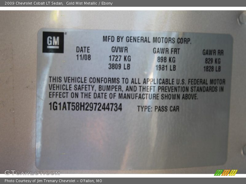 Gold Mist Metallic / Ebony 2009 Chevrolet Cobalt LT Sedan