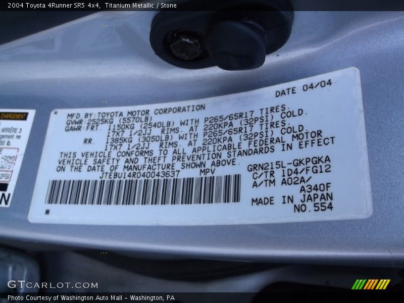 Titanium Metallic / Stone 2004 Toyota 4Runner SR5 4x4