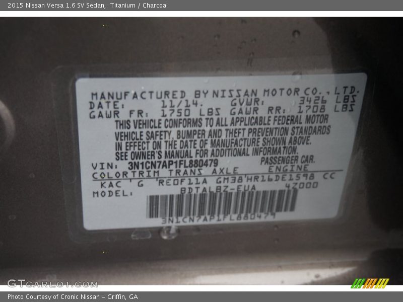 Titanium / Charcoal 2015 Nissan Versa 1.6 SV Sedan