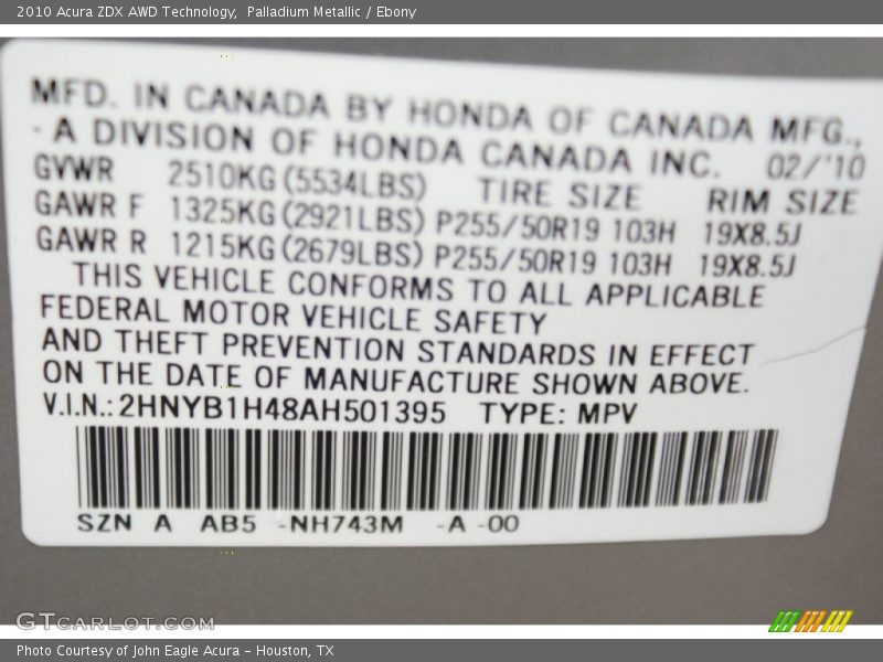 Palladium Metallic / Ebony 2010 Acura ZDX AWD Technology