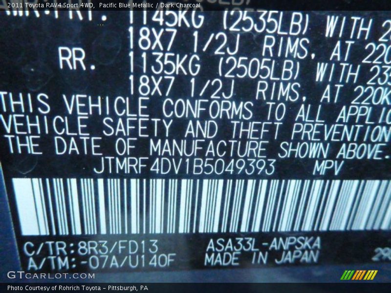 2011 RAV4 Sport 4WD Pacific Blue Metallic Color Code 8R3