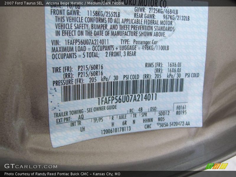 Arizona Beige Metallic / Medium/Dark Pebble 2007 Ford Taurus SEL