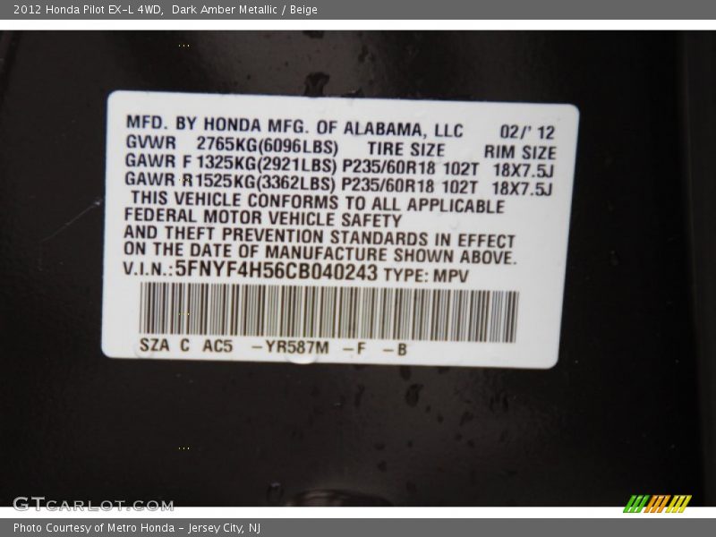 Dark Amber Metallic / Beige 2012 Honda Pilot EX-L 4WD