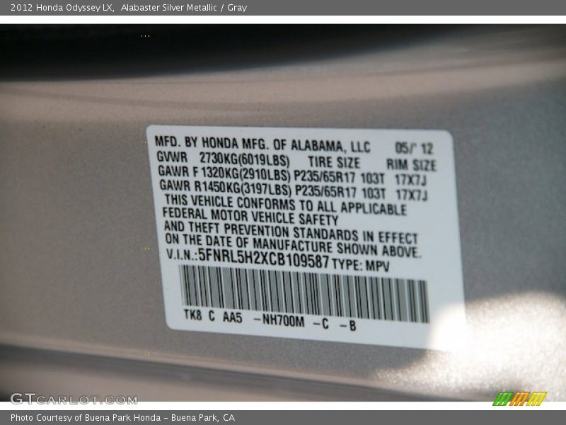 Alabaster Silver Metallic / Gray 2012 Honda Odyssey LX