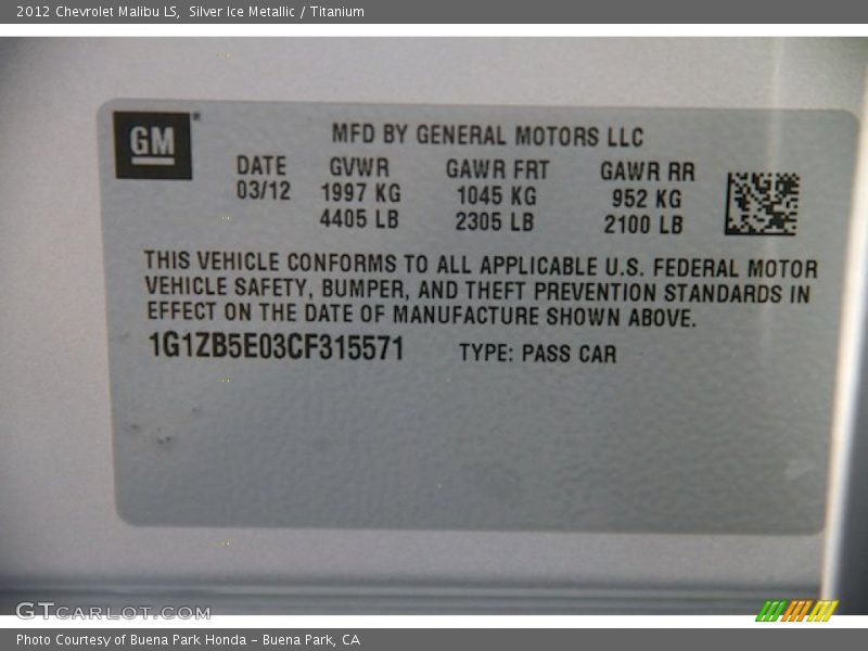 Silver Ice Metallic / Titanium 2012 Chevrolet Malibu LS