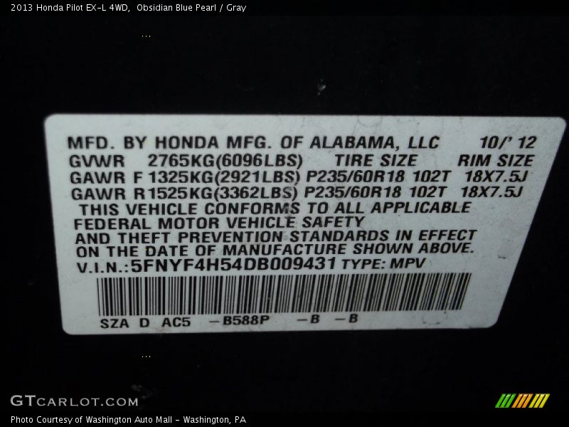 Obsidian Blue Pearl / Gray 2013 Honda Pilot EX-L 4WD