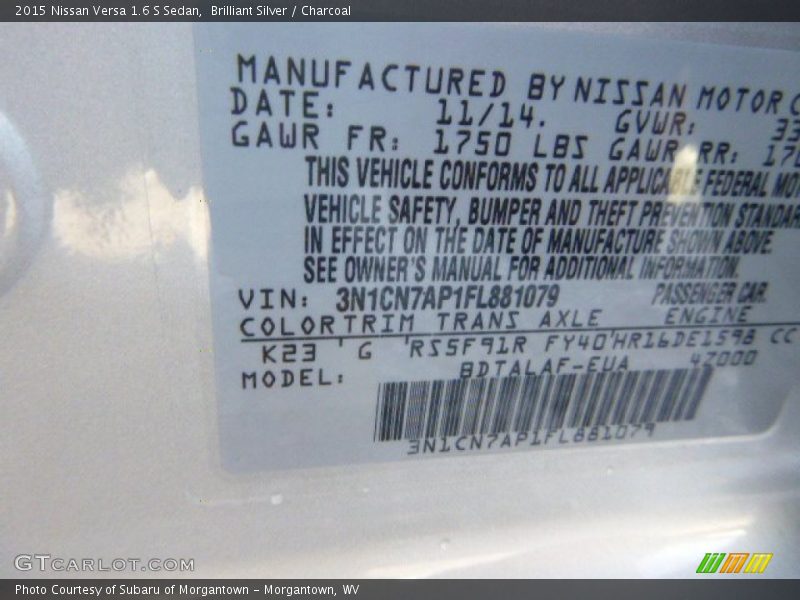 Brilliant Silver / Charcoal 2015 Nissan Versa 1.6 S Sedan