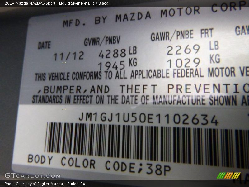 2014 MAZDA6 Sport Liquid Siver Metallic Color Code 38P