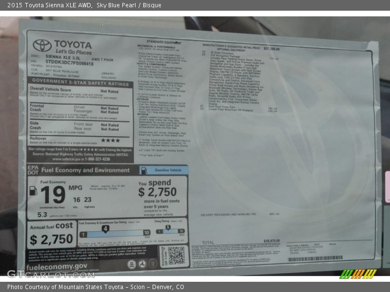  2015 Sienna XLE AWD Window Sticker
