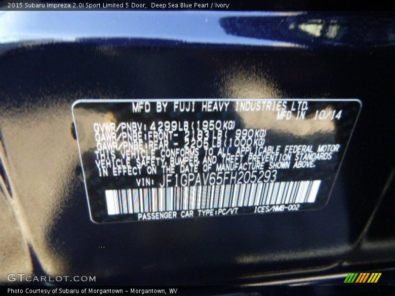 Info Tag of 2015 Impreza 2.0i Sport Limited 5 Door