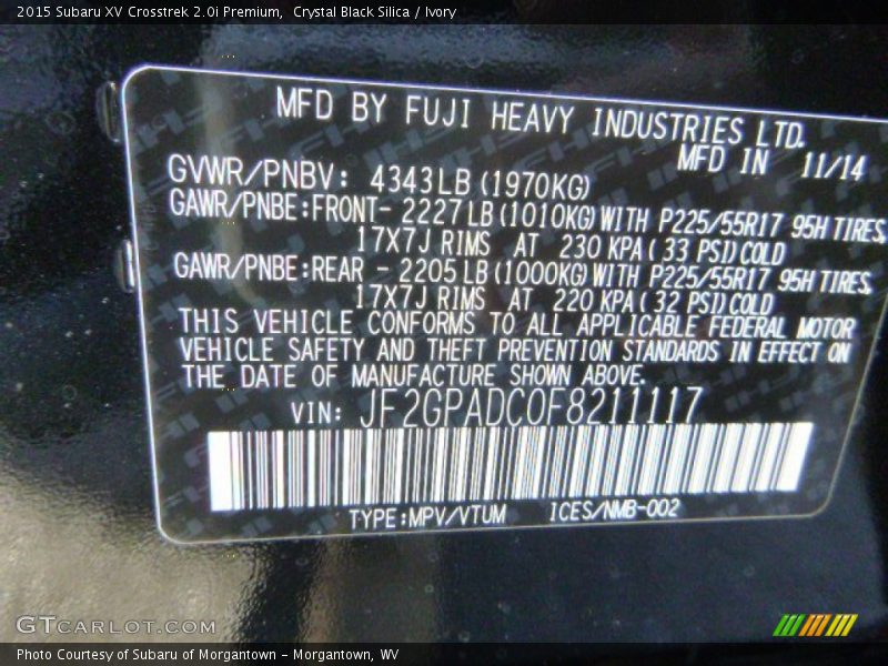 Crystal Black Silica / Ivory 2015 Subaru XV Crosstrek 2.0i Premium