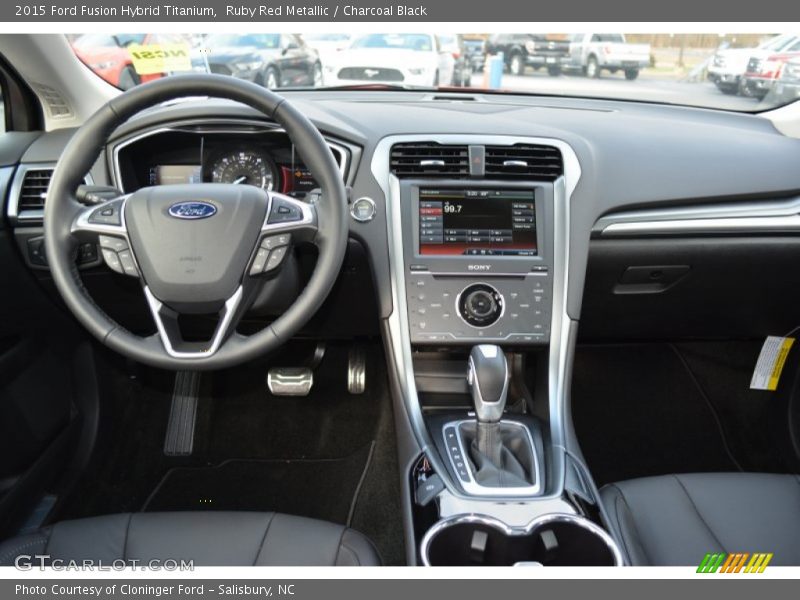 Ruby Red Metallic / Charcoal Black 2015 Ford Fusion Hybrid Titanium