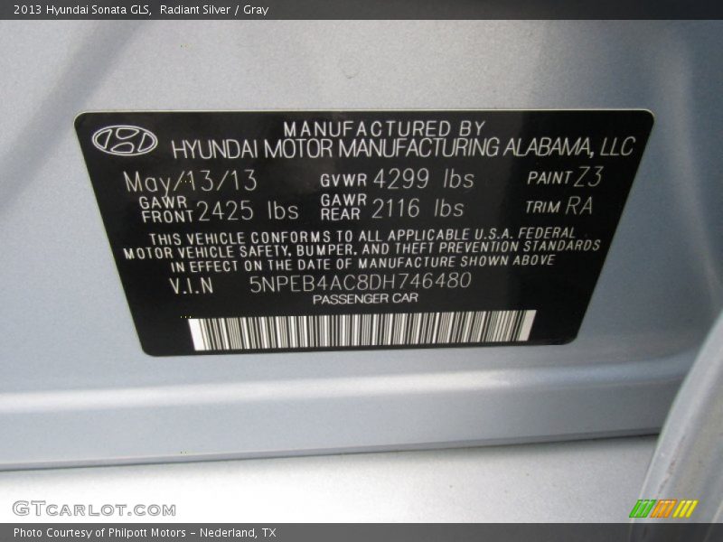 Radiant Silver / Gray 2013 Hyundai Sonata GLS