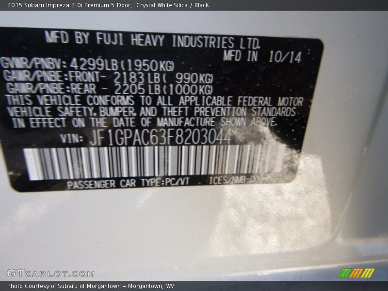 Crystal White Silica / Black 2015 Subaru Impreza 2.0i Premium 5 Door