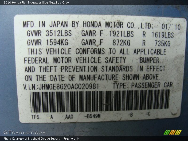 2010 Fit  Tidewater Blue Metallic Color Code B549M