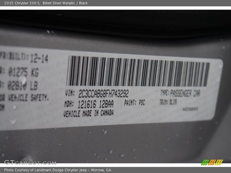 2015 300 S Billett Silver Metallic Color Code PSC