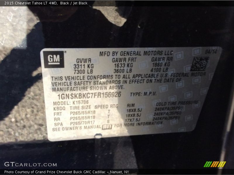 Black / Jet Black 2015 Chevrolet Tahoe LT 4WD