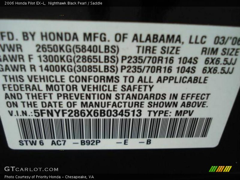 Nighthawk Black Pearl / Saddle 2006 Honda Pilot EX-L