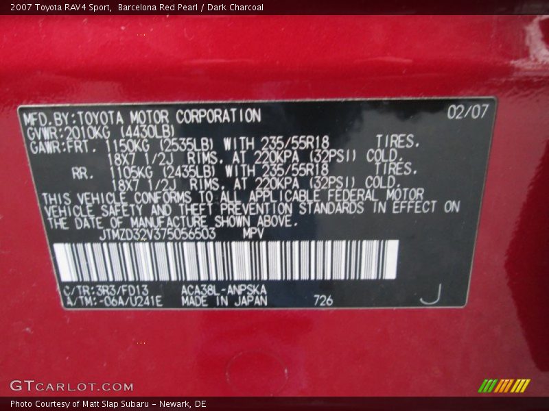 Barcelona Red Pearl / Dark Charcoal 2007 Toyota RAV4 Sport