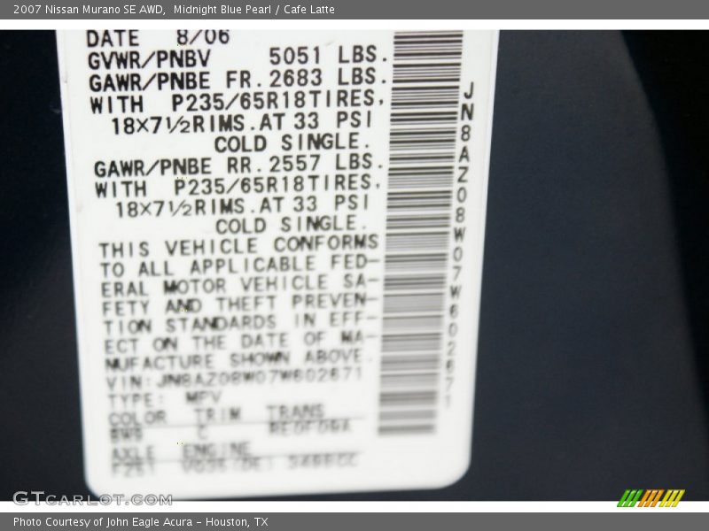 Midnight Blue Pearl / Cafe Latte 2007 Nissan Murano SE AWD