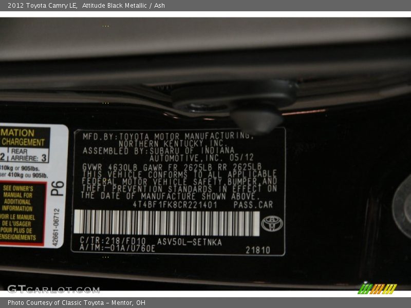 Attitude Black Metallic / Ash 2012 Toyota Camry LE