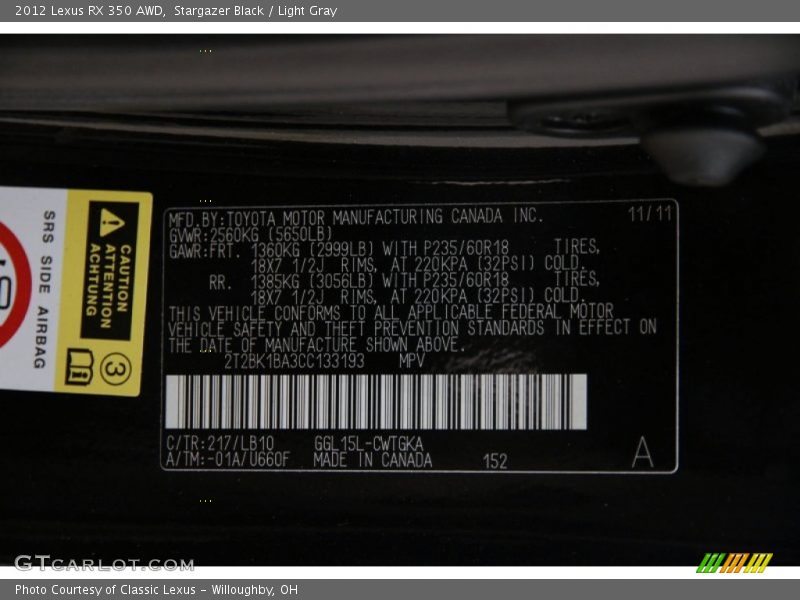 Stargazer Black / Light Gray 2012 Lexus RX 350 AWD