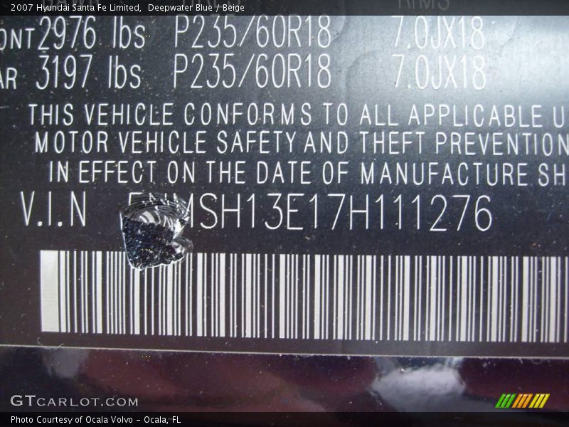 Deepwater Blue / Beige 2007 Hyundai Santa Fe Limited